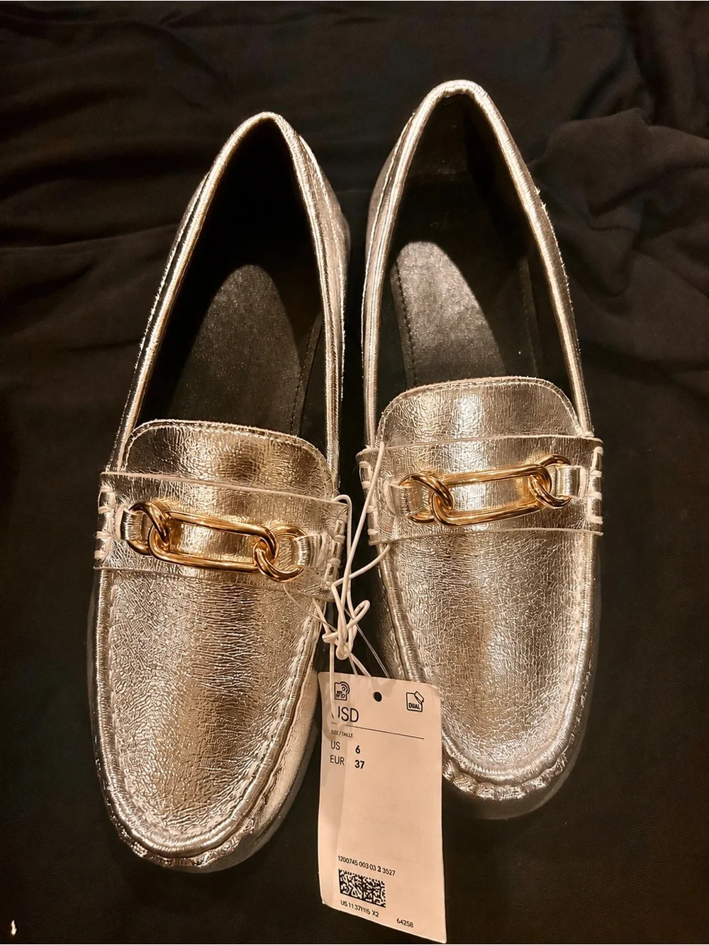 H&M Silver Metallic Loafers size 37 6.5 with Gold Bit Detail NEW NWT